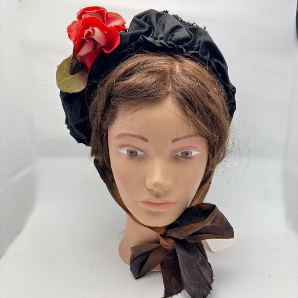 Antique Victorian Black Silk & Velvet Bonnet with Flower main image 16